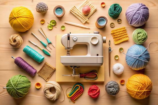 Decorative image of sewing machine, thread, yarns, and misc. notions
