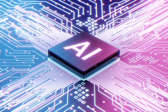 Decorative image of computer chip and network labeled AI