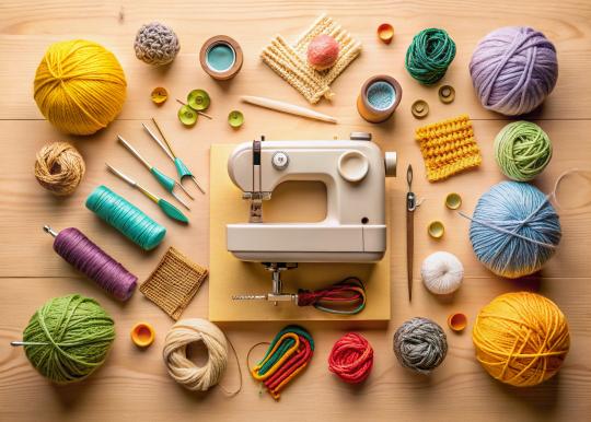 Decorative image of sewing machine, thread, yarns, and misc. notions